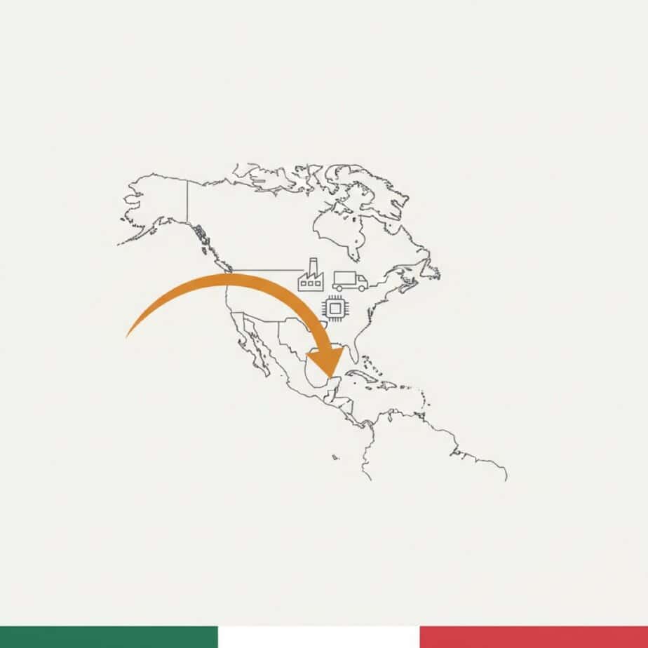 Supply chains shifting from Asia to Mexico — arrow across the Pacific landing in North America