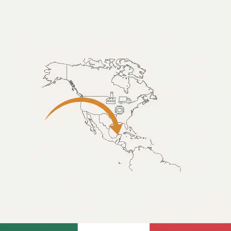 Supply chains shifting from Asia to Mexico — arrow across the Pacific landing in North America