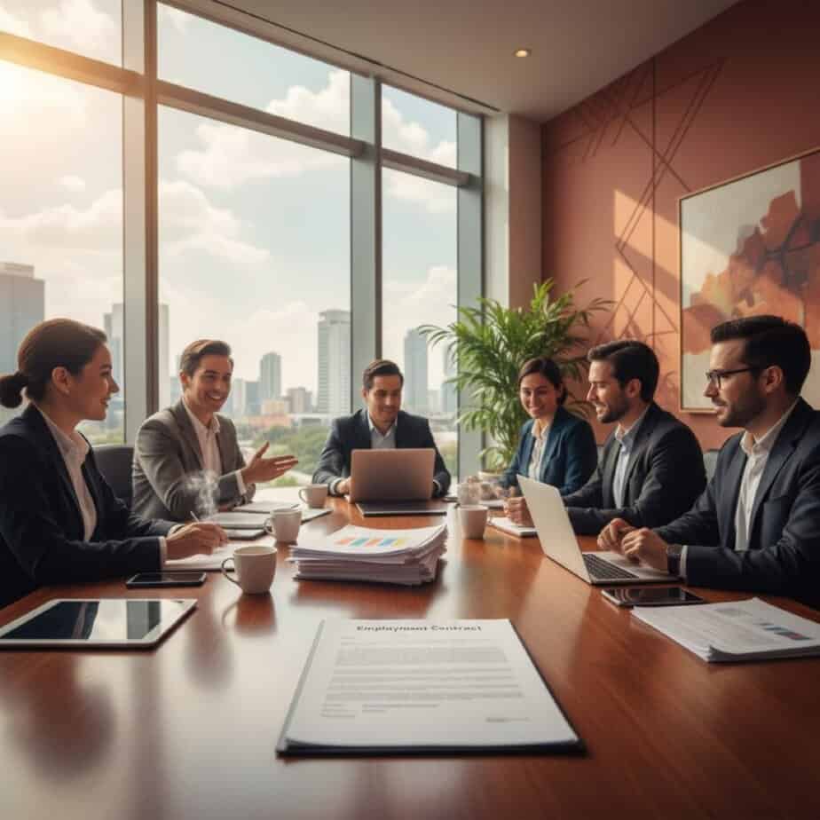 Foreign and Mexican executives reviewing an employment contract in a Guadalajara conference room, illustrating PEO Mexico co-employment services