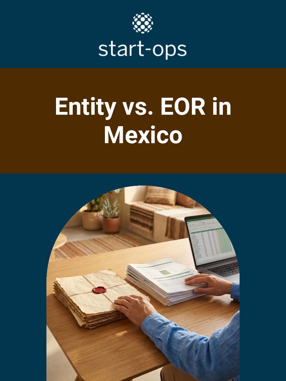 Entity vs. EOR in Mexico — sealed company charter beside a payroll report on a laptop